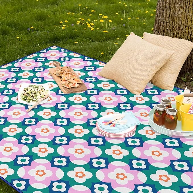 Block Floral Picnic Blankets Waterproof Foldable, 60″X80″Boho Thick Picnic Mat Outdoor Blanket for Grass,Cute Beach Blanket Sandproof Picnic Accessories for Camping Picnic Party Park Hiking