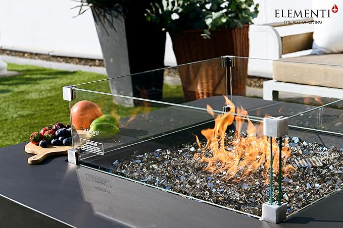 Elementi+ | Bergamo Gas Fire Pit Cast Concrete 42" Square Fire Table, Outdoor Fire Pit Electronic Ignition | Canvas Cover, Fire Glass and Burner Lid Included | Dark Gray | Propane Gas