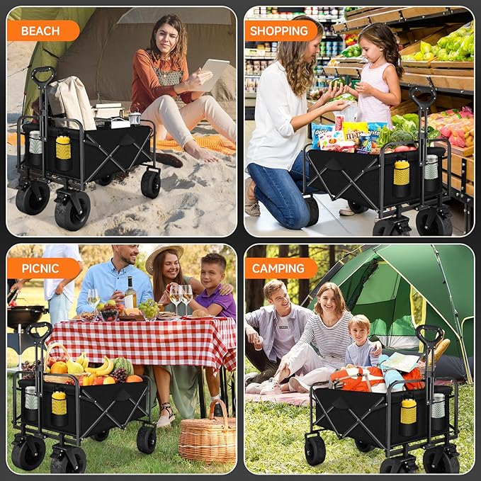 Collapsible Wagon Cart with Big Wheels, Foldable Heavy Duty Beach Cart with 330lbs Weight Capacity, 120L Portable Utility Grocery Wagon with Pocket & Brakes for Garden Sports Camping Travel Picnic