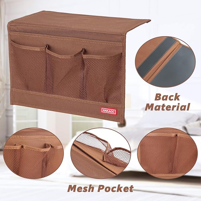 HAKACC Bedside Organizer, Bedside Storage Caddy Organizer with Hanging Pocket, Remote Holder for Bed Accessories, Brown