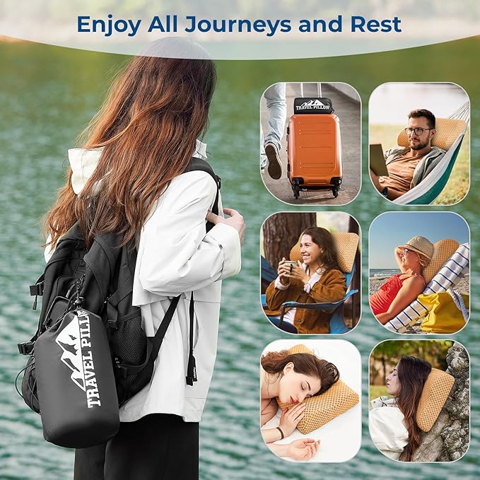 Travel Pillow Memory Foam Pillows, Ergonomic Wave Cervical Neck Pillow for Neck Pain Relief, Compressible Medium Firm Side Sleeper Pillow, Ideal for Camping, Office, Home & Bed (Orange, M)