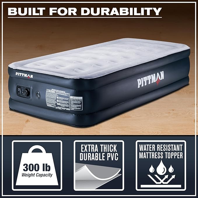 Pittman - Air Mattress Twin with Built in Pump - Black 18" Double High Twin Air Mattress with Built in Pump That Inflates & Deflates - Blow Up Mattress is Ideal for Guests or Camping
