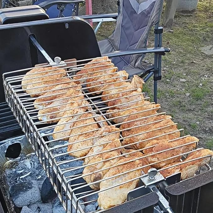 Stainless Steel Flat Rotisserie Grill Basket Large Size, Fits 1/2" or 3/8" Hexagon, 3/8" or 5/16" Square Spit Rod, If 3/4" Square Spit Rod MUST Use Together With DEWOSEN Rotisserie Forks