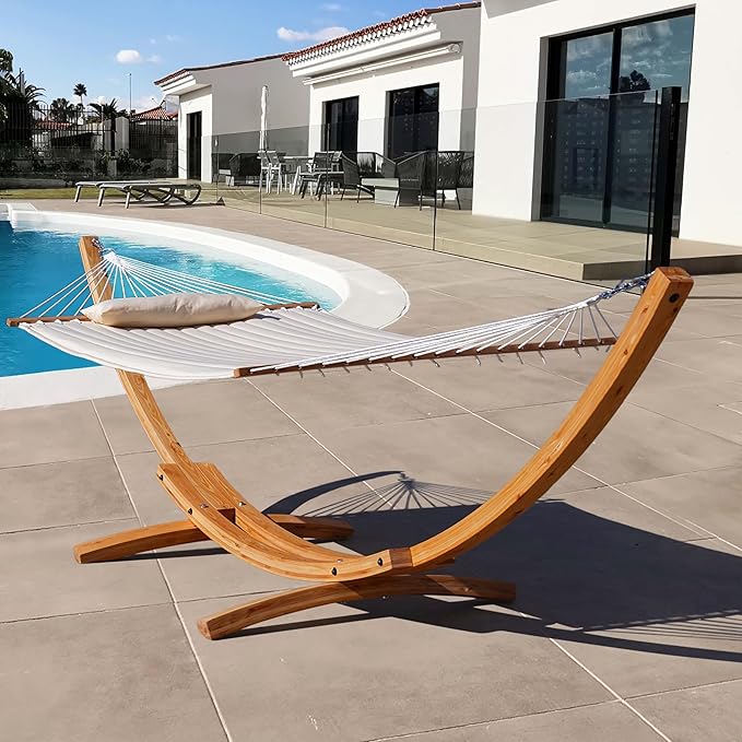Lazy Daze Hammocks 12 FT Double Quilted Fabric Hammock and 13 FT Natural Wooden Arc Stand, with Spreader Bar, Removable Pillow, 2 Person Hammock for Poolside Outdoor Patio, 450 lb Capacity, Natural