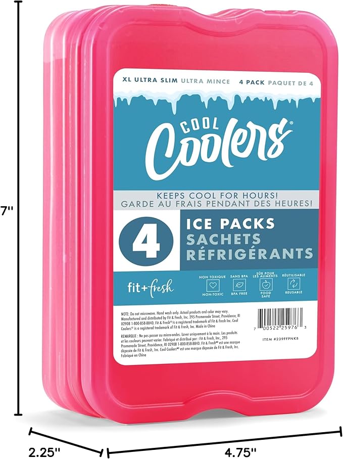 Cool Coolers by Fit & Fresh 4 Pack XL Slim Ice Packs, Quick Freeze Space Saving Reusable Ice Packs for Lunch Boxes or Coolers, Pink