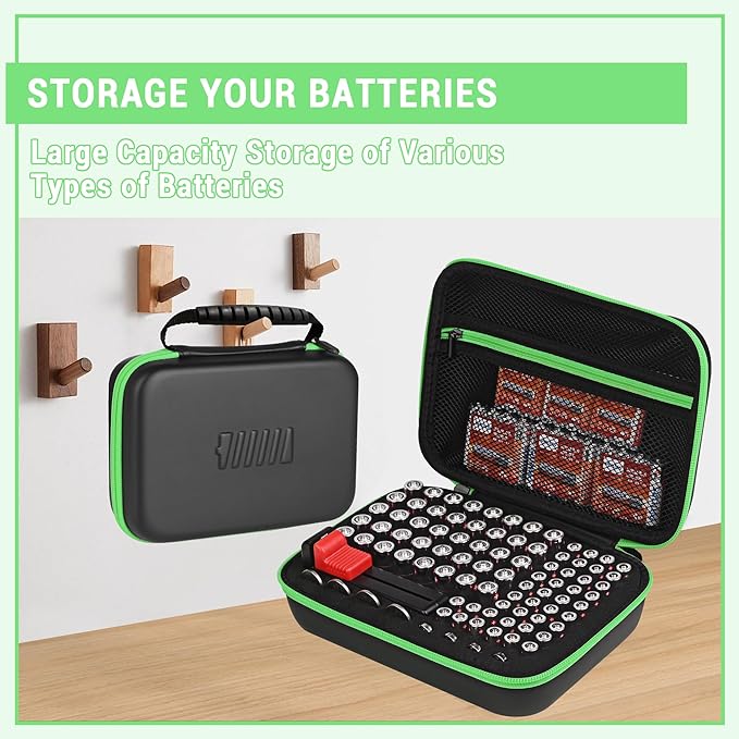 Battery Organizer Storage Case with Tester for AA AAA Button Battery Holder Carrying 3 Batteries Variety Pack 88 Batteries Zipper Mesh Bag (Batteries Not Included) (black-green)