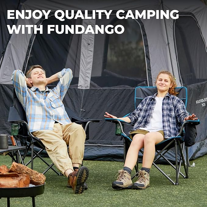 FUNDANGO Oversized Camping Chair for Adults, Heavy Duty Portable Foldable Lawn Chair with Padded Seat & Back, Lumbar Support, 4-can Cooler & Cup Holder, Carry Bag Included for Outdoor (Black)