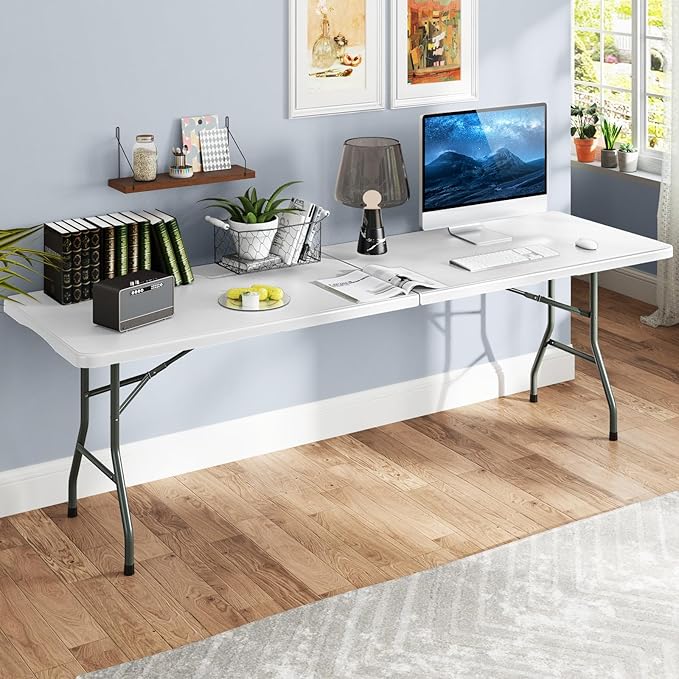 Goplus 8ft Plastic Folding Table, 350 LBS Outdoor Heavy Duty Folding Tables with HDPE Tabletop, Handle, Lock, Foldable Rectangle Portable Utility Card Table for Picnic, Party, Camping, Dining