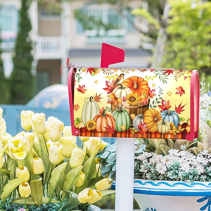Fall Pumpkins Mailbox Cover Magnetic Standard Size 21x18inch Autumn Maple Leaves Floral Mailbox Wrap Thanksgiving Watercolor Pumpkin Harvest Post Letter Box Covers for Home Garden Yard Outdoor Decor