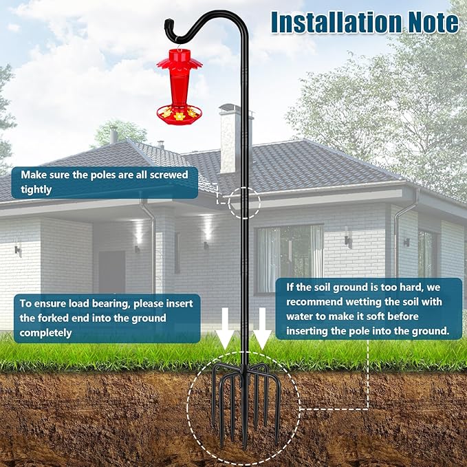 Gtongoko Adjustable Shepherds Hooks for Outdoor 76 Inch Bird Feeder Pole with 7 Prongs Base, 3/4 Inch Thick Heavy Duty for Hanging Bird Feeder, Plant Baskets,1 Pack