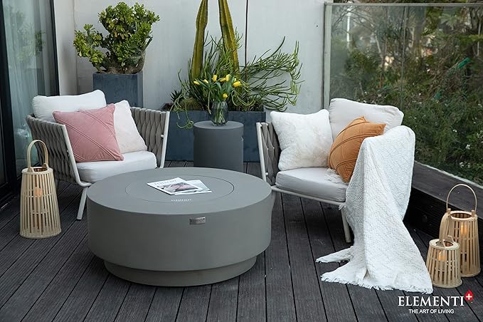 Elementi+ | Colosseo Gas Fire Pit Cast Concrete 40" Dia. Round Fire Table, Outdoor Fire Pit Electronic Ignition | Canvas Cover, Fire Glass and Burner Lid Included | Light Gray | Propane Gas