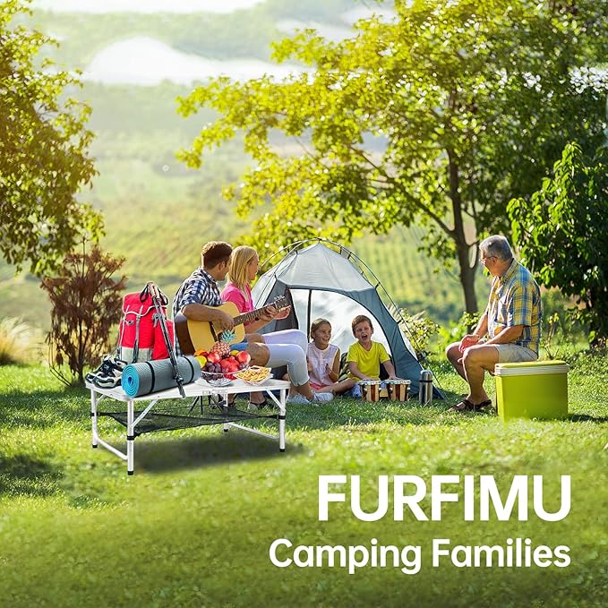 Adjustable Height Portable Camping Table - 4ft Folding Beach Table with Net Mesh, White Metal for Patio BBQ, Backpacking