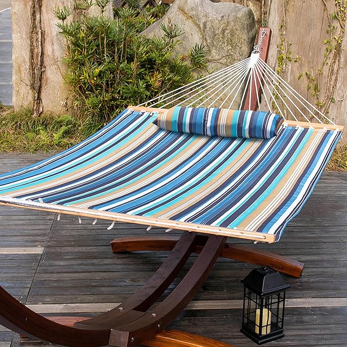 Lazy Daze Hammocks 12 FT Quilted Fabric Double Hammock with Spreader Bars and Detachable Pillow, 450 LBS Weight Capacity, Beaches Stripe