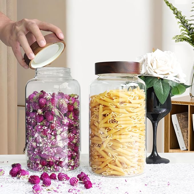 Glass Coffee Jars Spice Jar Round Storage Canister with Wooden Lid Clear Glass Food Jar for Pantry Sugar Tea Coffee Bean Spice Nuts Cookies Bath Salts (2300ml/77oz-2PACK(with spoon))