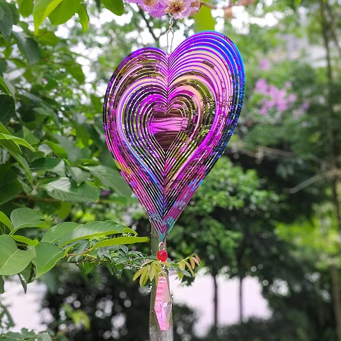 16.5in Heart Wind Spinners Outdoor, Colorful 3D Metal Wind Spinners for Yard and Garden with Crystal Pendant Stainless Steel Wind Chimes for Outside Yard and Garden Decor Gifts for Mom Grandmother
