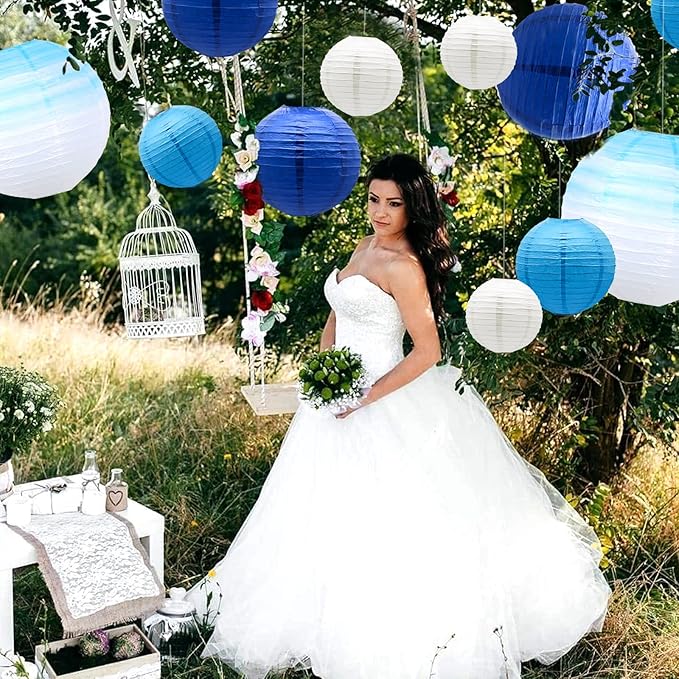 14 PCS Paper Lanterns, Gradient Colorful Blue Round Paper Lanterns Decorative Lantern Lamps, Hanging Paper Lanterns Chinese Tissue Paper Lanterns Indoor Room & Outdoor Party Supplies Decoration