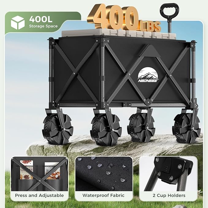 Collapsible Foldable Wagon Cart Heavy Duty,Beach Wagon with Big Wheels,Utility Grocery Wagons Carts with Side Pocket for Outdoor Garden,Camping,Shopping and Sports, Y-Black