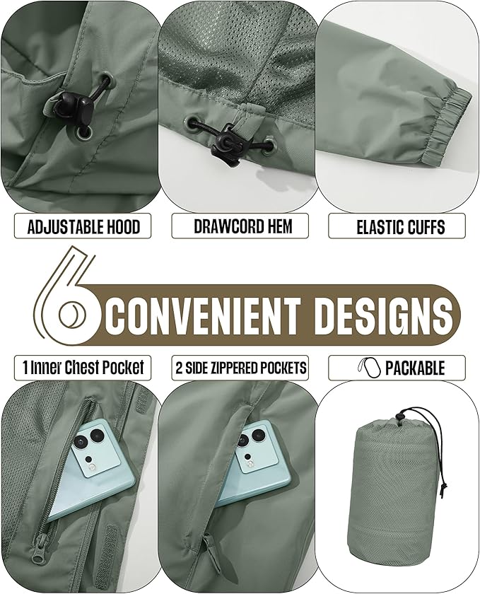 33,000ft Men's Packable Rain Jacket Waterproof Lightweight Raincoat Rain Shell with Hood for Outdoor Hiking Golf Travel