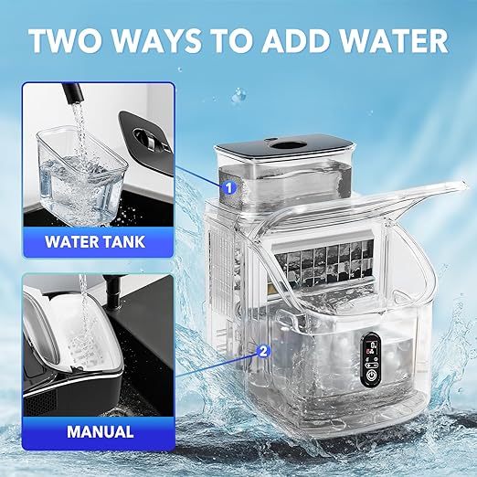 Countertop Ice Cube Maker, 33LBS/24H Portable Ice Machine with External Water Tank, 16Pcs Ready in 13 Mins, Auto-Cleaning, 2 Ways to Add Water, with Ice Scoop & Basket, for Home/Kitchen/Office