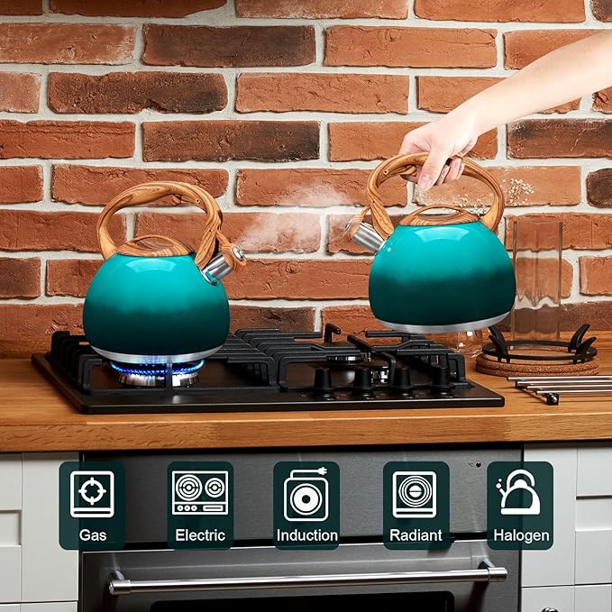 GGC Tea Kettle for Stove Top, 3.1QT/3L Whistling Tea Kettles for Boiling Water Coffee or Milk, Gradient Green Tea Pot with Wood Parttern Handle, Stainless Steel Tea Pot for Home and Kitchen