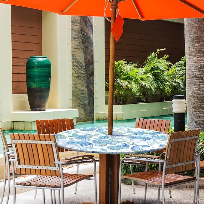 2 Pcs Round Outdoor Tablecloth with Umbrella Hole - Anti-wrinkle Polyester Tablecloth with Elastic Zipper Table Cover for Summer Patio Camping Party(45''-53'',Paisley, Floral Circle)