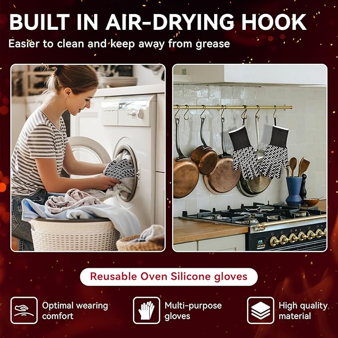 HandLove BBQ Gloves, Oven Gloves with Fingers – Heat Resistant Gloves for Grilling | Silicone Grip, Long Cuff Mitts - Kitchen & Outdoor Barbecue, Cooking, Baking, Black,L