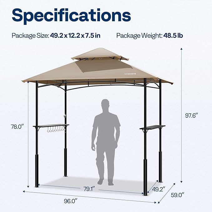 VIVOHOME Grill Gazebo Outdoor BBQ Patio Canopy Tent with Double Tiered Vented Top & 2 Side Shelves, Taupe