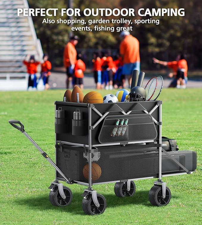 Foldable Wagon Cart,Everyfun 480Lbs Double Decker Wagon,Beach Carts with Big Wheels&Side Pocket&Dustbag,Large Capacity Folding Wagon for Shopping,Garden,Camping,Fish,New Wave Sports Wagon-Black