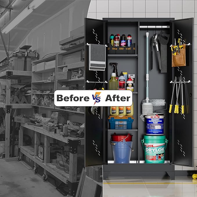 Broom Closet Storage Cabinet, 71" Metal Garage Cabinets with Lock & Hanging Rods, Utility Closet for Brooms and Mops, Cleaning Tool Cabinet for Home Office, Laundry Room
