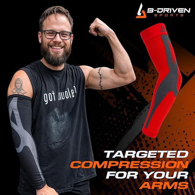 B-Driven Sports Graduated Compression Arm Sleeves, Medical Grade 20-30mmHg, For Baseball, Basketball, and more - 4 Colors