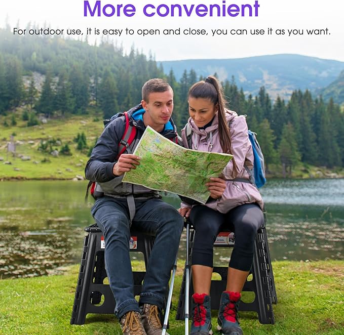 ACSTEP 16 Inch Folding Step Stool for Adults and Kids, Non-Slip Plastic Foldable Stepping Stool, Collapsible Folding Stool with Handle Holds Up to 400lbs for Kitchen, Dot Black (1 Pack)