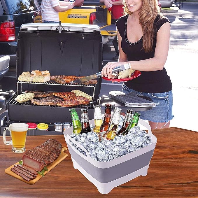 9L (2.4Gal) Dish Basin Collapsible with Drain Plug Carry Handles,Kitchen Storage Tray Dish Wash Basin, Portable Dish Tub, Foldable Dishpan for Camping,RV,Gray