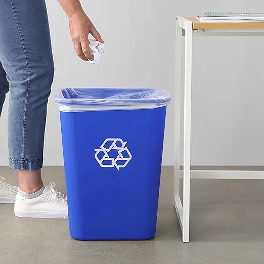 Amazon Basics Trash Can, Rectangular Commercial Office Wastebasket, Recycle Logo, 10 Gallon (Pack of 1), Blue (Previously AmazonCommercial Brand)