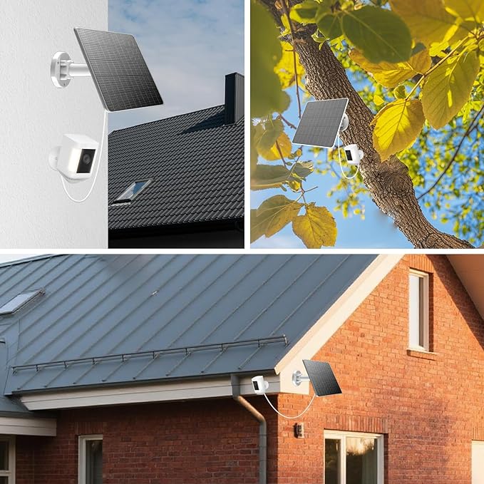 FlexSolar 6W Solar Panel for Security Cameras, IP67 Waterproof with 3 Output Ports (Type-C/Micro-USB/Lighting), 10ft Cable & 360° Adjustable Mount