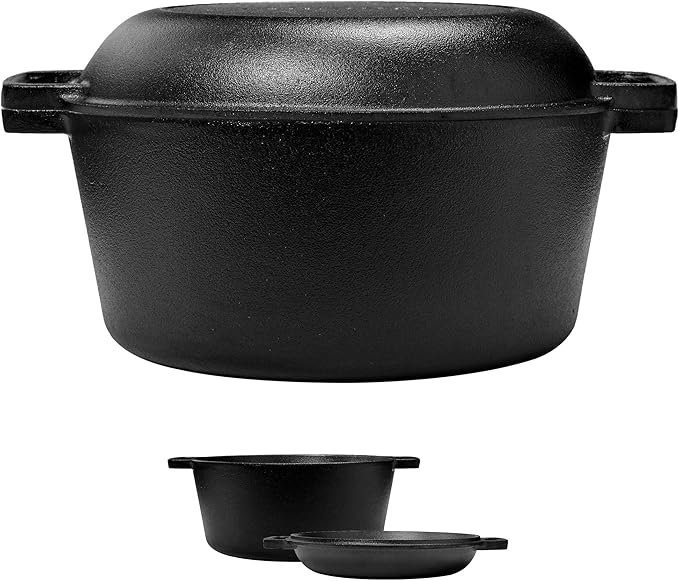 Cast Iron Double Dutch Oven - Pre-Seasoned 5-Quart Set – 2-in-1 Multi-Cooker: 5-Qt Deep Pot + 10" Skillet - Frying Pan Converts to Lid of Combo Dutch Oven – Grill, Stove Top, BBQ and Induction Use