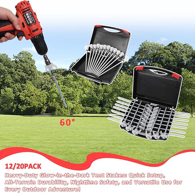 8" Screw in Tent Stakes - 12 Pack Heavy Duty Glow in The Dark Ground Anchors for Camping, Canopy, Awning and Outdoor Use Tent Pegs - Durable Metal Tent Spikes with Hex Head Driver & Storage Box