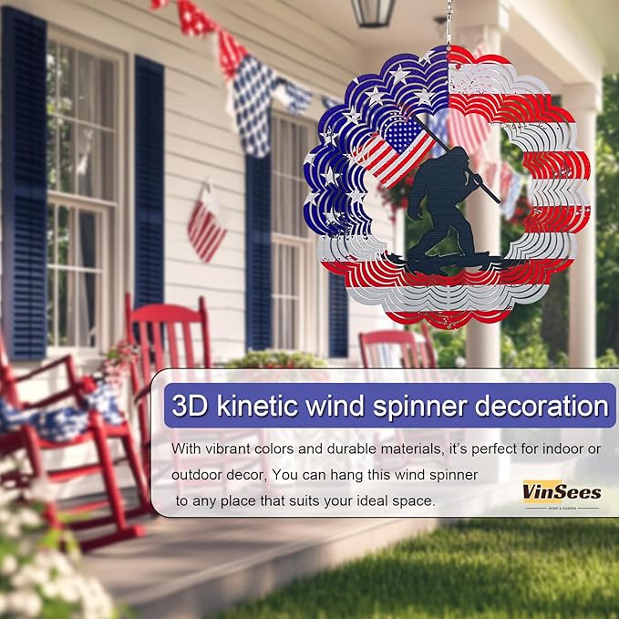 3D Patriotic Bigfoot Wind Spinner Decor - 12 Inch Metal Garden Art, Rust-Proof Outdoor Hanging Decorations, Patriotic American Flag Design, for Outdoor Lovers (Bigfoot)
