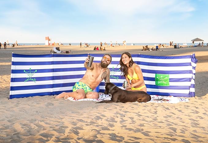 Premium 20 ft Beach Windscreen, Privacy Screen, Wind Blocker - Original Nautical, Free Rubber Mallet and Carry Bag Included