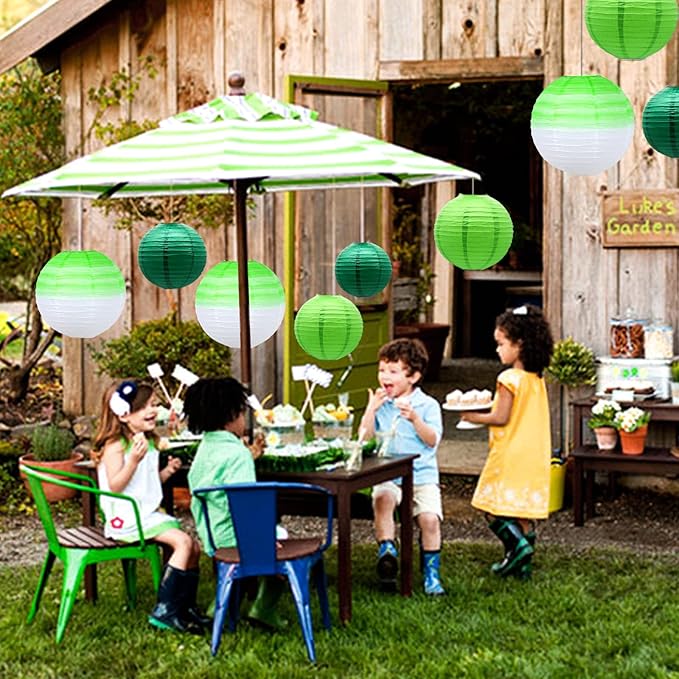 14 PCS Paper Lanterns, Gradient Colorful Green Round Paper Lanterns Decorative Lantern Lamps, Hanging Chinese Lanterns Indoor Room & Outdoor Party Supplies Decoration