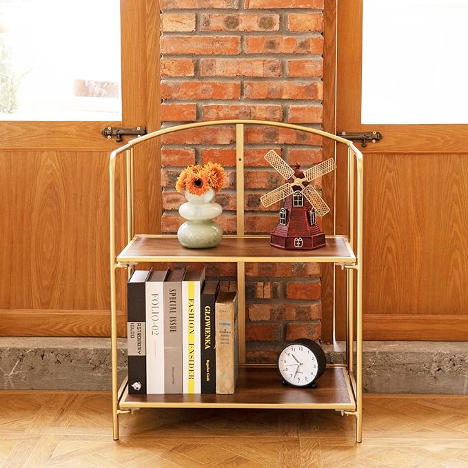 Crofy No Assembly Folding Bookshelf for Living Room, 2 Tier Gold Collapsible Book Shelf for Home Office, Portable Bookcase Storage Organizer