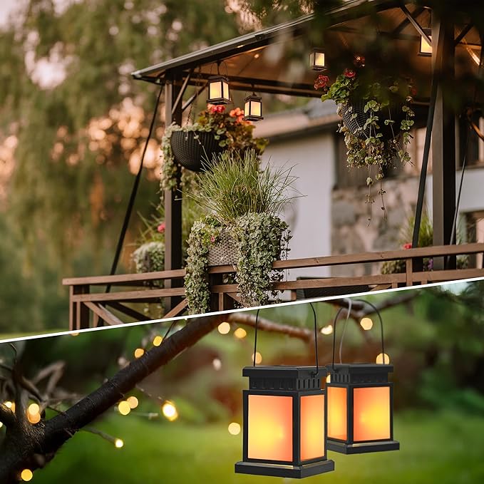 GIGALUMI Solar Lanterns Outdoor Waterproof, 4 Pack Hanging Solar Lanterns for Outside, Flame Effect Outdoor Lights for Pathway, Garden, Patio, Lawn, Porch, Gazebo, Tent, Tree, Yard(Flickering Lights)