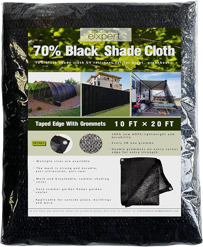 Garden expert 75% Black Shade Cloth 10x20FT Taped Edge with Grommets Sun Net Mesh for Garden Patio Backyard UV-Resistant