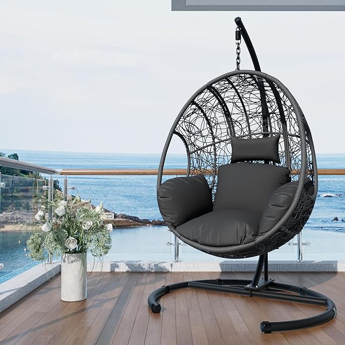 Oversized Hanging Egg Chair Outdoor Indoor, Wicker Swing Egg Chair with Stand 400lbs Capacity for Bedroom, Patio, Garden and Balcony (Grey-nest, Oversize)