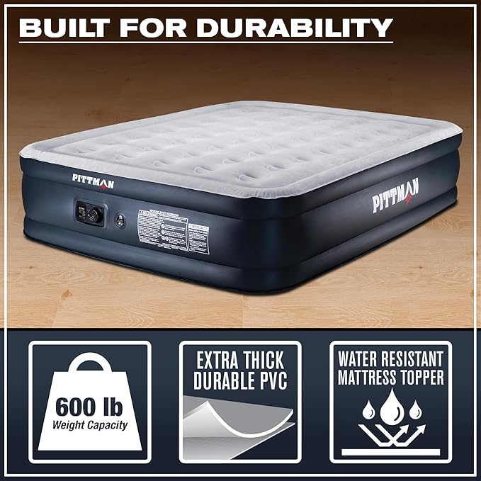 Pittman 18" Queen Air Mattress with Built in Pump - Comfort Series Queen Blow Up Mattress, Inflates & Deflates Fast, Easily Folds Away - Treat Your Guests to a Plush Luxury Air Bed