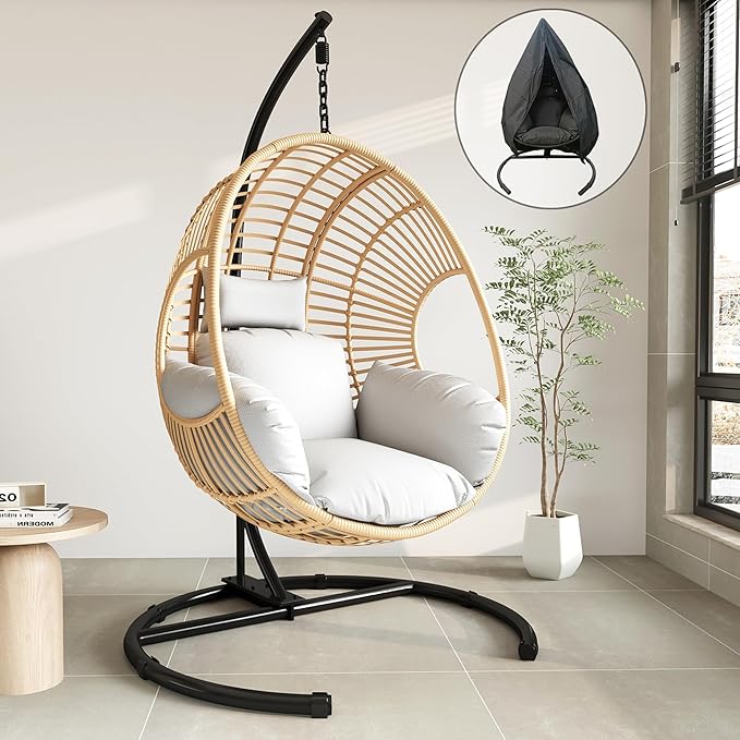 Hanging Egg Chair with Stand - Egg Swing Chair Outdoor Indoor Patio Wicker Chair Swing Hammock Egg Chairs 400lbs Capacity for Outside Patio, Bedroom, Garden and Balcony (Beige-Regular, 2P)