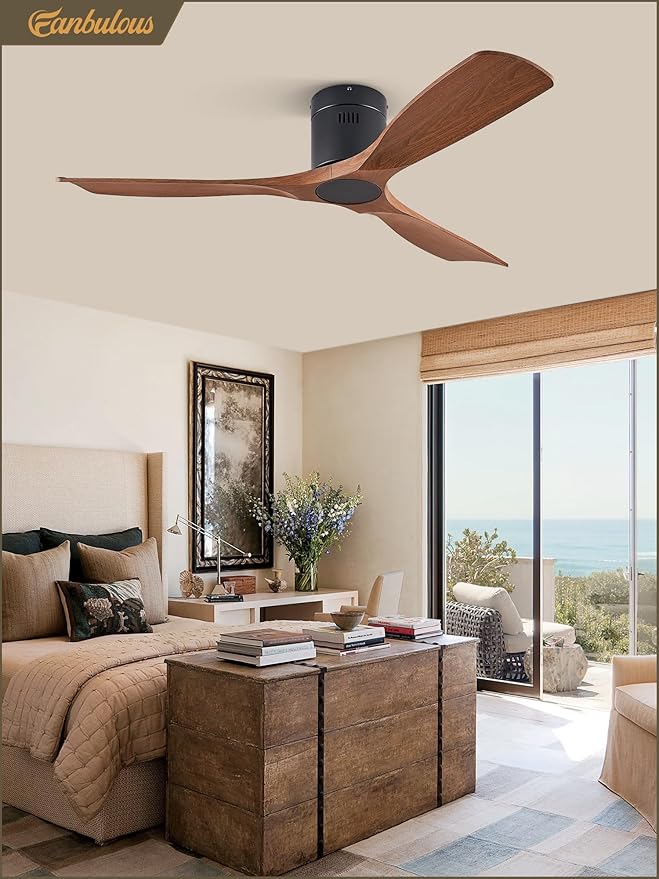52" Ceiling Fans without Lights, Flush Mount Ceiling Fan with Remote Control Modern,Low Profile Ceiling Fans with 6-Speeds Reversible DC Motor for Patio Living Room Bedroom(Walnut)