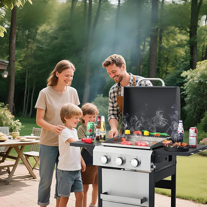 3-Burner Propane Gas BBQ Grill with Porcelain-Enameled Cast Iron Grates, Baking Sheet, 2 Foldable Side Table, 36,900 BTU Stainless Steel Grill for Outdoor Camping Barbecue Grilling Backyard Cooking