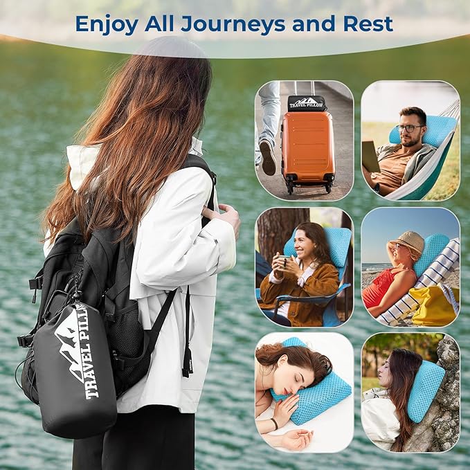 Travel Pillow Memory Foam Pillows, Ergonomic Wave Cervical Neck Pillow for Neck Pain Relief, Compressible Medium Firm Side Sleeper Pillow, Ideal for Camping, Office, Home & Bed (Light Blue, S)