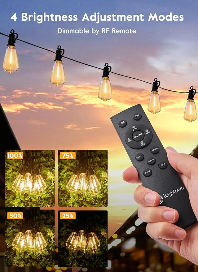 Brightown Solar String Lights Outdoor - 38FT Patio With Remote, 16 Shatterproof LED Bulbs, 3 Light Modes, Waterproof Hanging Solar for Outside Backyard Party Decor