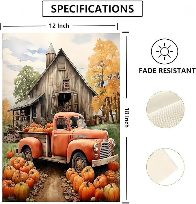 Fall Garden Flags 12x18 Double Sided, Truck Pumpkin Yard Flags for Outside, Small Yard Flags Decorations for Home Outdoor Decorations